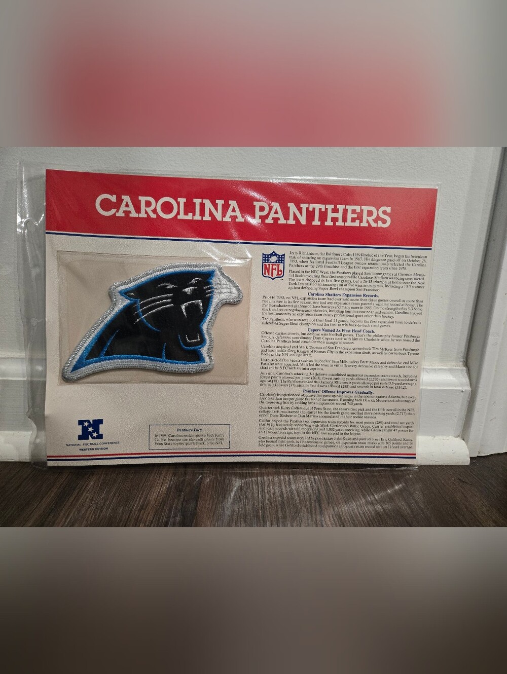 Vintage NFL 1995 Carolina Panthers Iron On Patch With Info Card